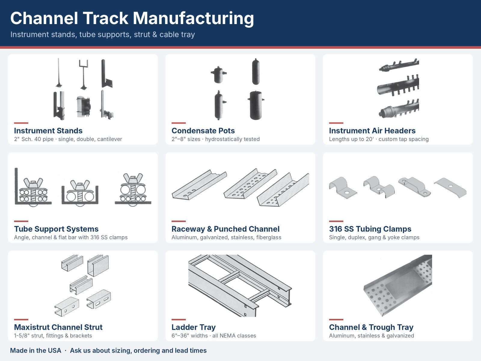 Channel Track Manufacturing product overview: instrument stands, condensate pots, air headers, tube supports, raceway and punched channel, tubing clamps, Maxistrut, ladder tray and channel tray